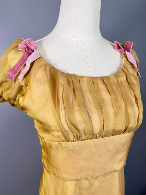 Vintage Yellow Regency Era Dress with Puff Sleeves and Pink Bows - Yellow Regency Era Dress Plus Size